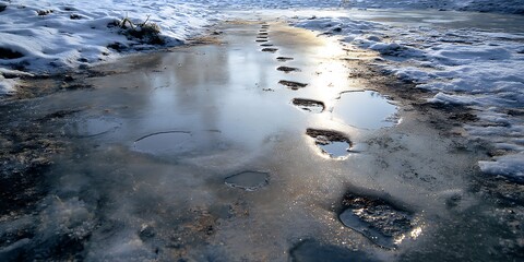 Icy river landscapes meet the frosty beach, where winter's blue embrace touches the sunlit water, rocks, and sky