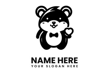 A cartoon bear logo with a bow tie, holding a heart, and text below.