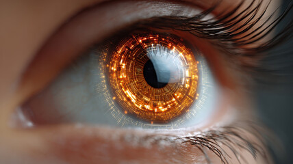 Futuristic eye with glowing digital interface showing global economic outlook in high tech concept of vision and technology innovation