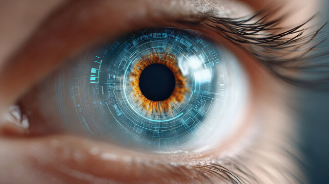 Futuristic eye with digital interface overlay showing global economic outlook through advanced technology and innovation in close up macro shot