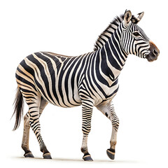 Fototapeta premium A Zebra is posing in a straightforward manner, isolated on a white background.