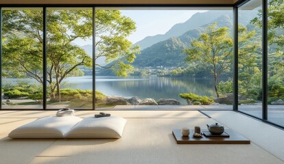 Zen-like interior with lake vista