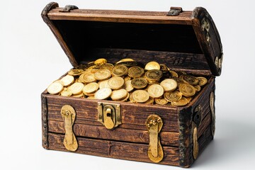 Wooden treasure chest overflowing with golden coins