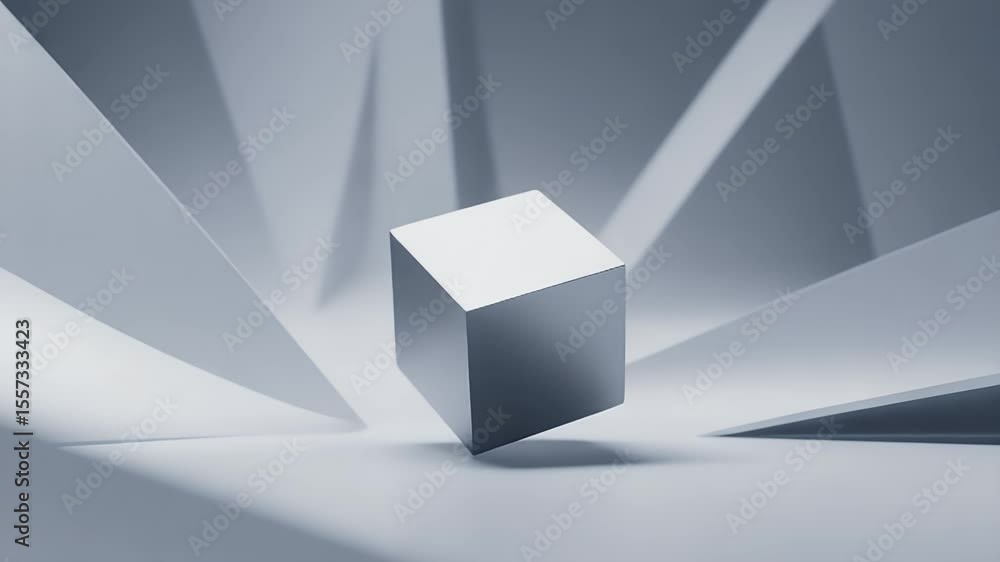 Poster abstract cube: a perfectly rendered, abstract composition features a pristine metallic cube floating