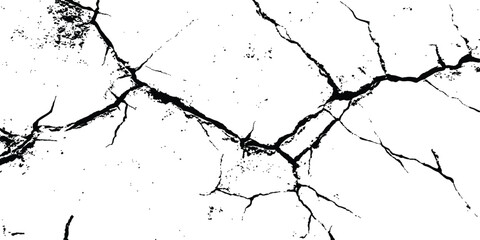 Black and white cracks illustration isolated on white background. A black and white vintage of cracked concrete scribble effect, old wall background crack vector, grunge texture,
