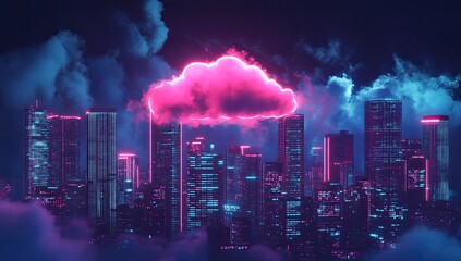 Futuristic city skyline, neon pink cloud