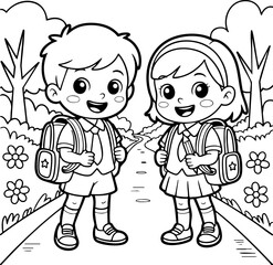 Study Time! - Vector illustration of two children in school uniforms holding hands.