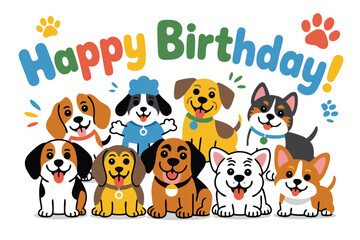 Cartoon Dogs Celebrating Happy Birthday with Colorful Paw Prints and Festive Puppy Faces