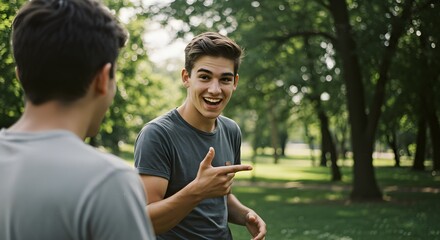 Fototapeta premium Playful Interaction Between Two Young Men A Candid Moment Outdoors