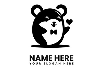 Cartoon bear logo with a bow tie, waving with a heart, in black and white.