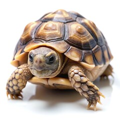 Close up portrait of a cute juvenile tortoise against a white background