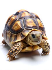 Obraz premium Detailed portrait of a young tortoise with a patterned shell on white background