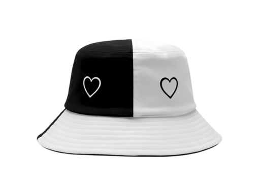 Half Black Half White Bucket Hat with Minimalist Heart Designs isolated on transparent background - Powered by Adobe