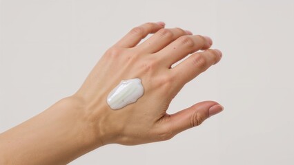 Naklejka premium Moisturizing Cream Applied on the Back of a Woman’s Hand, Skincare Cosmetics Design Over White Background