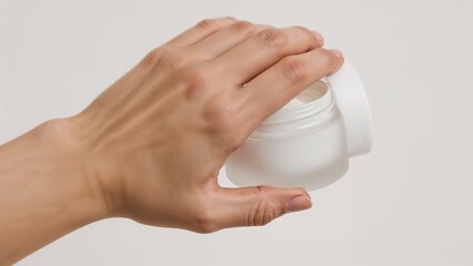 Glass Jar with Cream in Hand, Skincare Cosmetics Design Over White Background