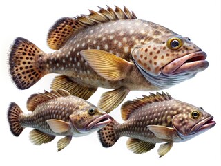 Naklejka premium A trio of Spotted Grouper fish swimming in a clean white background