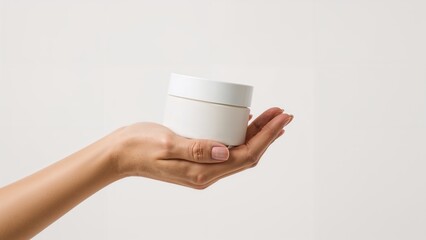 Hand Holding Blank White Cosmetic Jar, Skincare Cosmetics Design Over White Background