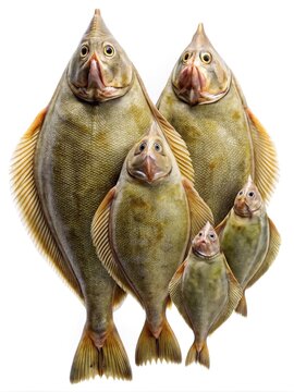 Naklejki A family of funny looking fish posing on a white background