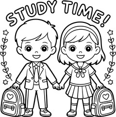 Study Time! - Vector illustration of two children in school uniforms holding hands.