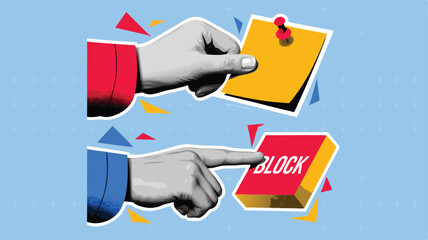 Concept Illustration Hands Interacting With Note and Block Button on Light Blue Background