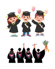 Vector Illustrations. Cartoon Graduation Ceremony with Students in Cap and Gown. EPS Editable