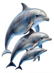 Three dolphins gracefully swimming together in a clear white background image