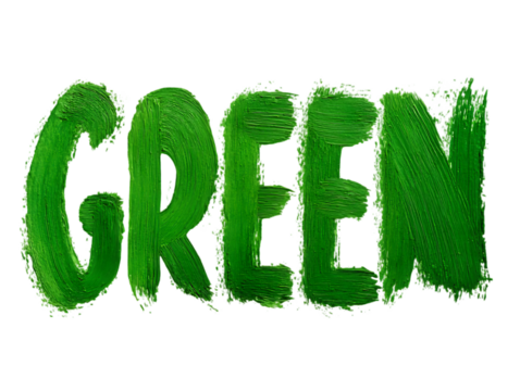 Bold green lettering brushed with textured paint on a transparent background offers a visually striking design element.