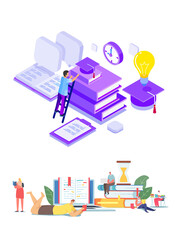 Fototapeta premium Vector Illustrations. Isometric Illustration of Education Books Ladder Graduation Cap and Lightbulb. EPS Editable