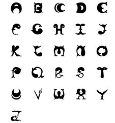 Vector Illustrations. Unique Black Alphabet Letters with Decorative and Artistic Design Elements. EPS Editable