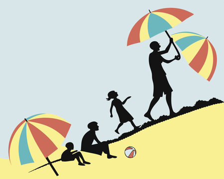 Family enjoying beach day with colorful umbrellas and silhouetted figures