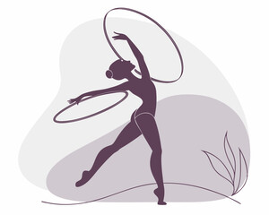 Graceful silhouette of a rhythmic gymnast performing with hoops in artistic motion