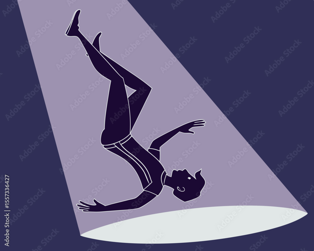 Poster silhouette of person falling acrobatically under a spotlight with a minimalistic style
