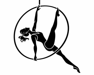 Silhouette of aerial hoop performer in graceful pose on white background © soniya