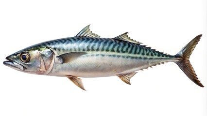 Fresh mackerel with vibrant colors and detailed scales showcased against a white background