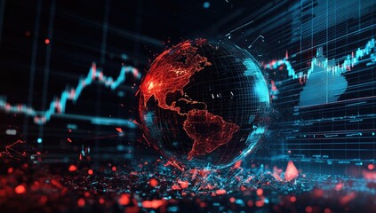 Global data visualization.  Earth model surrounded by financial charts and digital elements