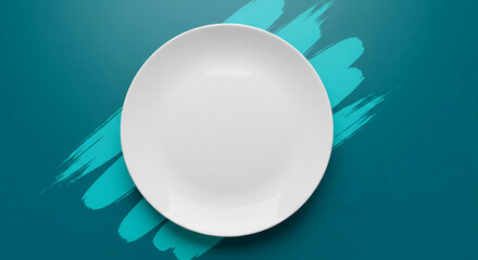 White plate on teal background with turquoise brush strokes, showcasing a clean and simple design, ideal for food presentation or menu mockup