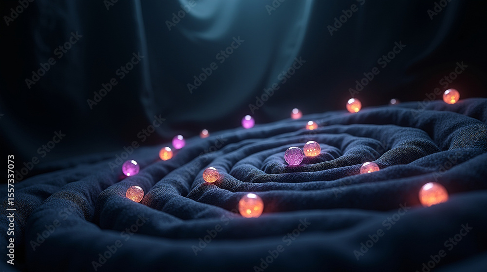 Fototapete abstract dark fabric texture with glowing pink and orange spheres creating a soft and elegant backgr