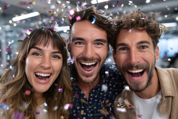 Celebrating moments of joy among friends in a lively indoor setting with confetti