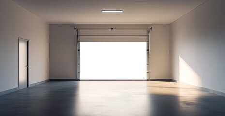 Empty garage with open door. Sunlight streams in
