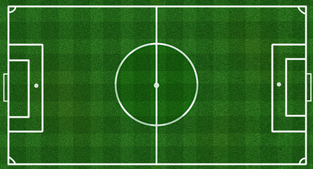full size green soccer or football field green pitch  design white center circle for kick off in stadium top down view background or banner