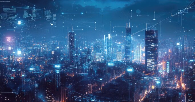 Futuristic city skyline overlaid with digital network connections
