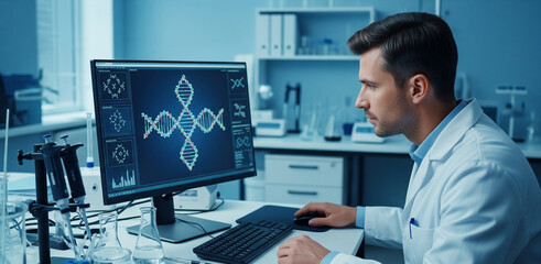 A scientist in a lab coat analyzes genetic data displayed on a computer screen.
