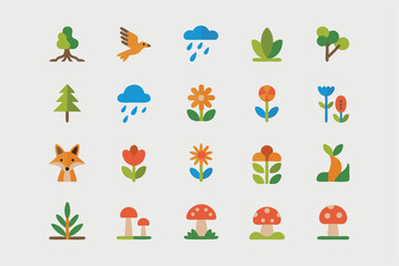 Whimsical Illustration of Nature Icons Trees, Flowers, Fox, Bird, Rain, and Mushrooms