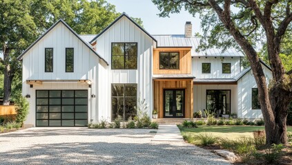 Modern farmhouse exterior with white siding, wood accents, and a two-car garage