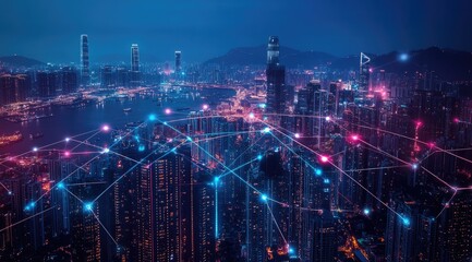 Hong Kong city at night, connected by digital network