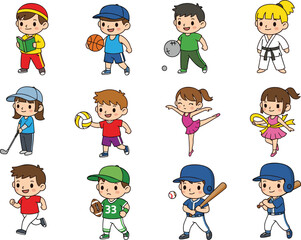 Set of Cartoon Children Engaged in Various Sports and Hobbies Including Ballet, Football, Reading, Martial Arts, and Outdoor Play