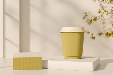 Ecofriendly coffee cup and business card on white blocks with natural sunlight and plants. 3d rendering