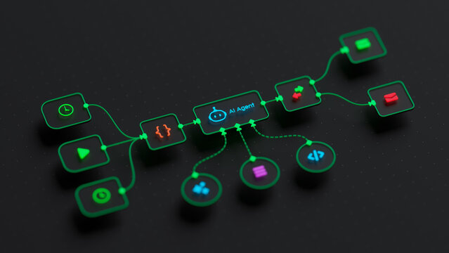 AI workflow automation artificial intelligence software interface nodes triggers data tool dashboard coding icon flow process technology 3d rendering. - Powered by Adobe