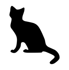black silhouette of a cat simple illustration in isolated white background, Black Cat sitting Silhouette isolated on White Background. Icon Vector Illustration. Concept for Logo, Print, Sticker.