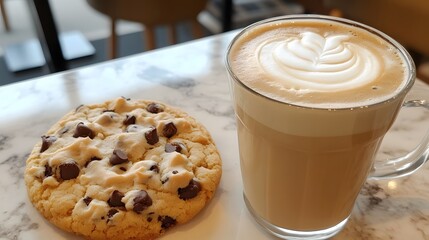 Delicious chocolate chip cookie and creamy latte on marble table